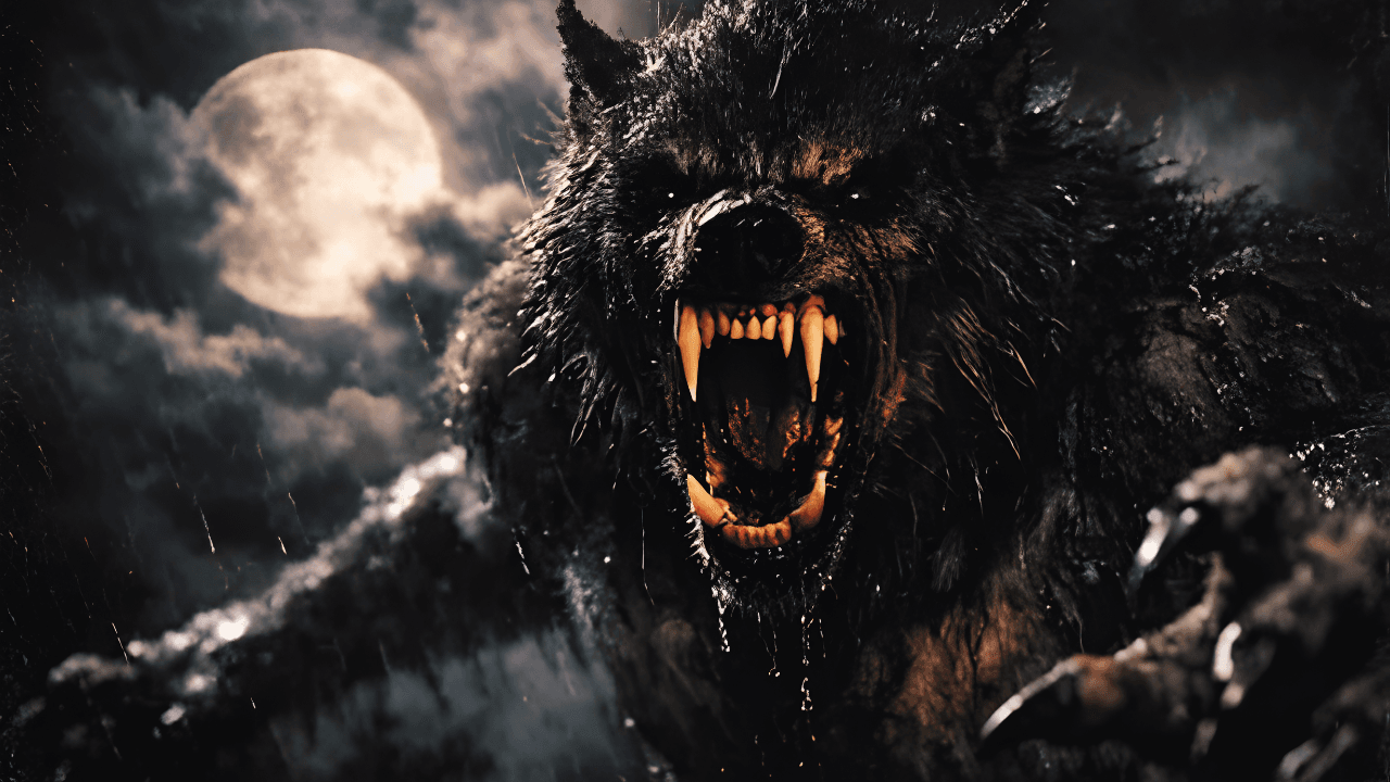 Lobisomem musculoso e agressivo rugindo em uma floresta escura à noite, sob a luz de uma lua cheia entre nuvens e árvores secas, em estilo cinematográfico de filme de terror.