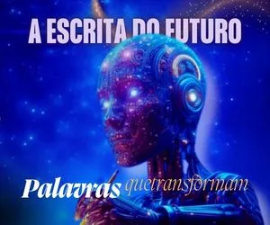 Banner vertical promocional com dicas e recursos de escrita criativa.