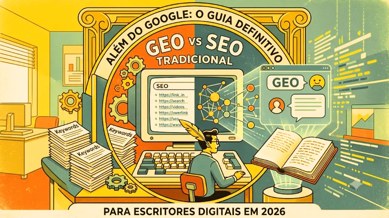 Imagem do post sobre • O Cenário Mudou: O SEO tradicional posicionava seu link na primeira página; o GEO (Generative Engine Optimization) faz seu conteúdo ser a resposta direta gerada por IAs.