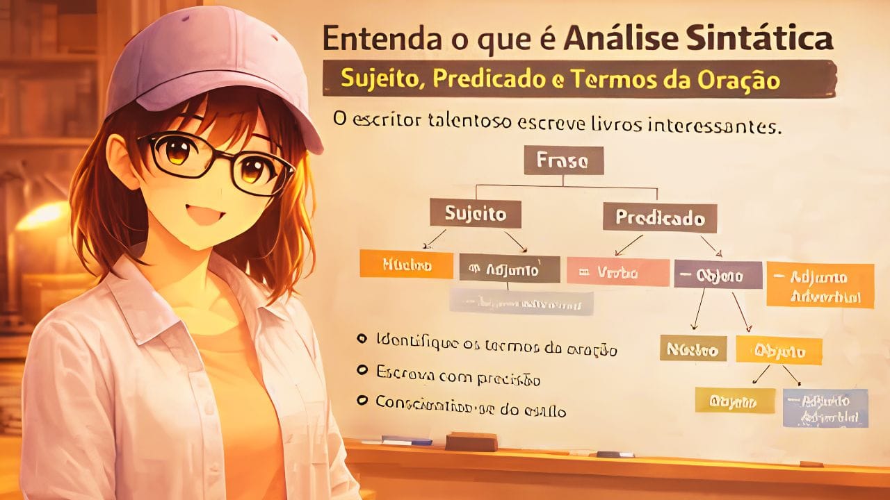 A imagem apresenta em forma de anime uma menina ensinando análise sintática
