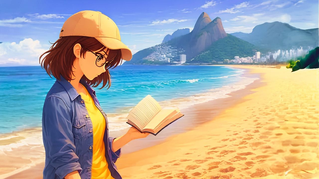 Imagem em anime mostra uma menina usando um bonê bege e uma blusa azul, em uma praia no Rio de Janeiro
