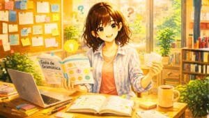 Imagem mostra uma menina estudando gramática, em sua sala, com um sorriso no rosto.