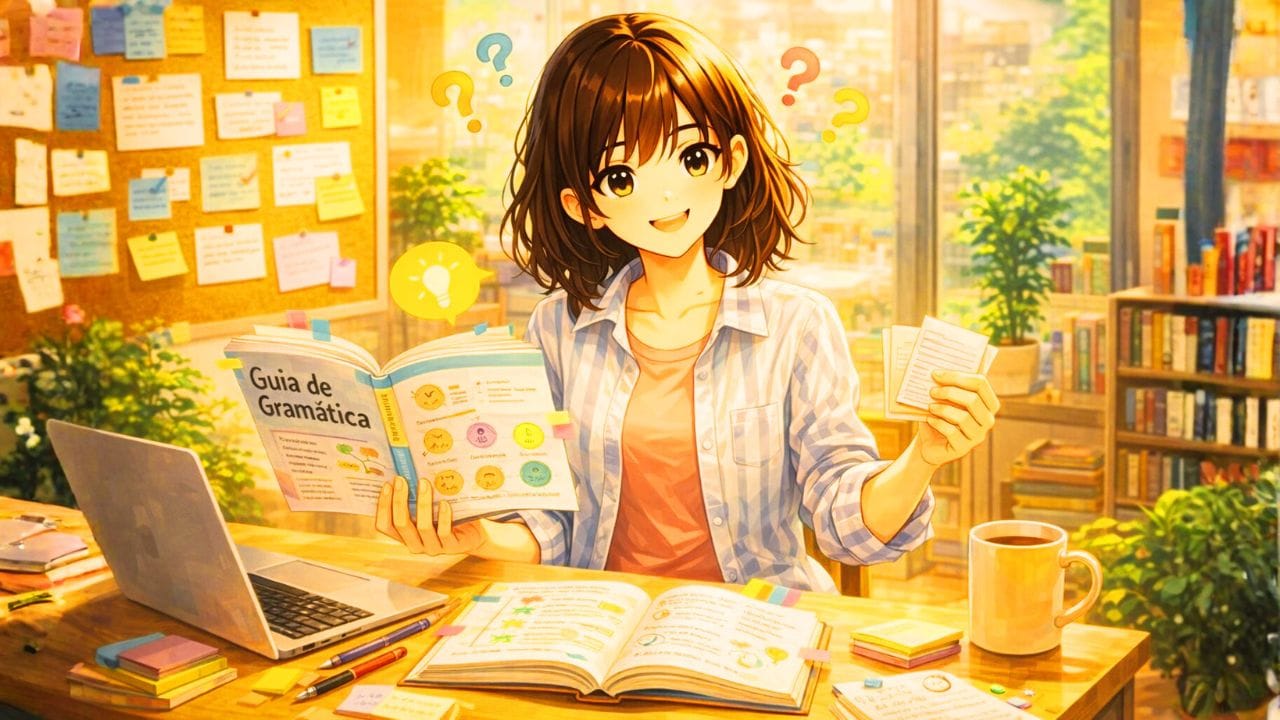 Imagem mostra uma menina estudando gramática, em sua sala, com um sorriso no rosto.