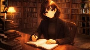 Foto em anime mostra uma menina senta com caderno aberto e um lápis na mãos, ela está estudando gramática