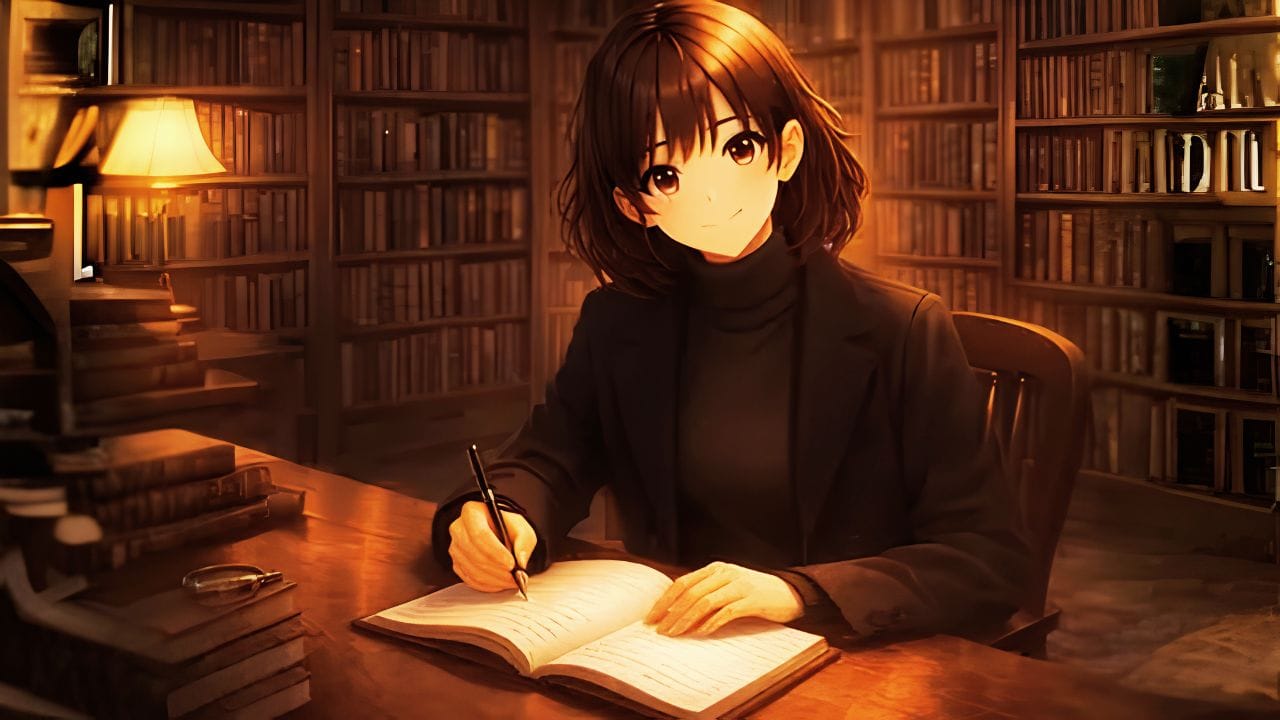 Foto em anime mostra uma menina senta com caderno aberto e um lápis na mãos, ela está estudando gramática