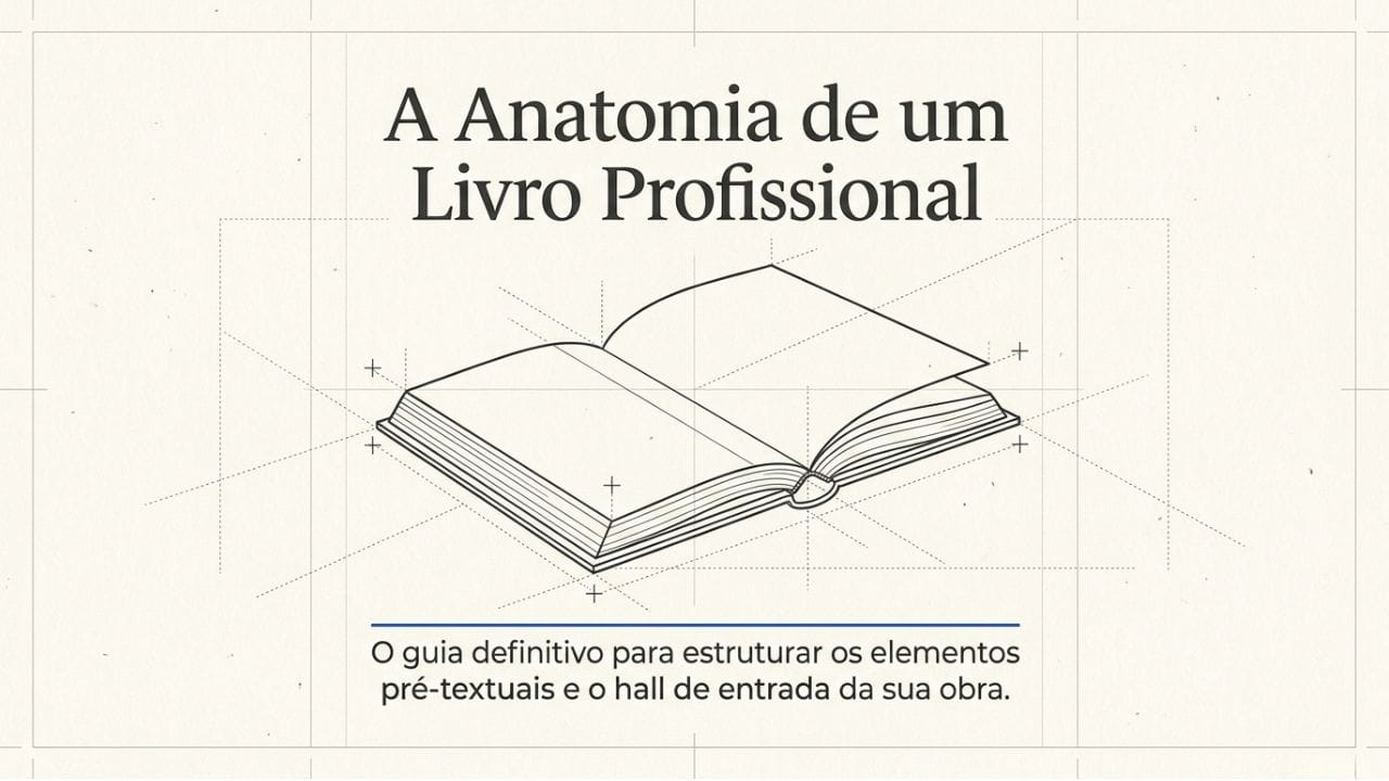 Imagem mostra um livro aberto em estilo de desenho, com os dizeres em grande, como título "A Anatomia de Um Livro Profissional"