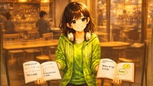 Imagem em anime mostra uma menina apresentando dois cadernos, um em cada mão. Um deles ensina a norma culta da lingua portuguesa, o outro, a liguagem do cotidiano.