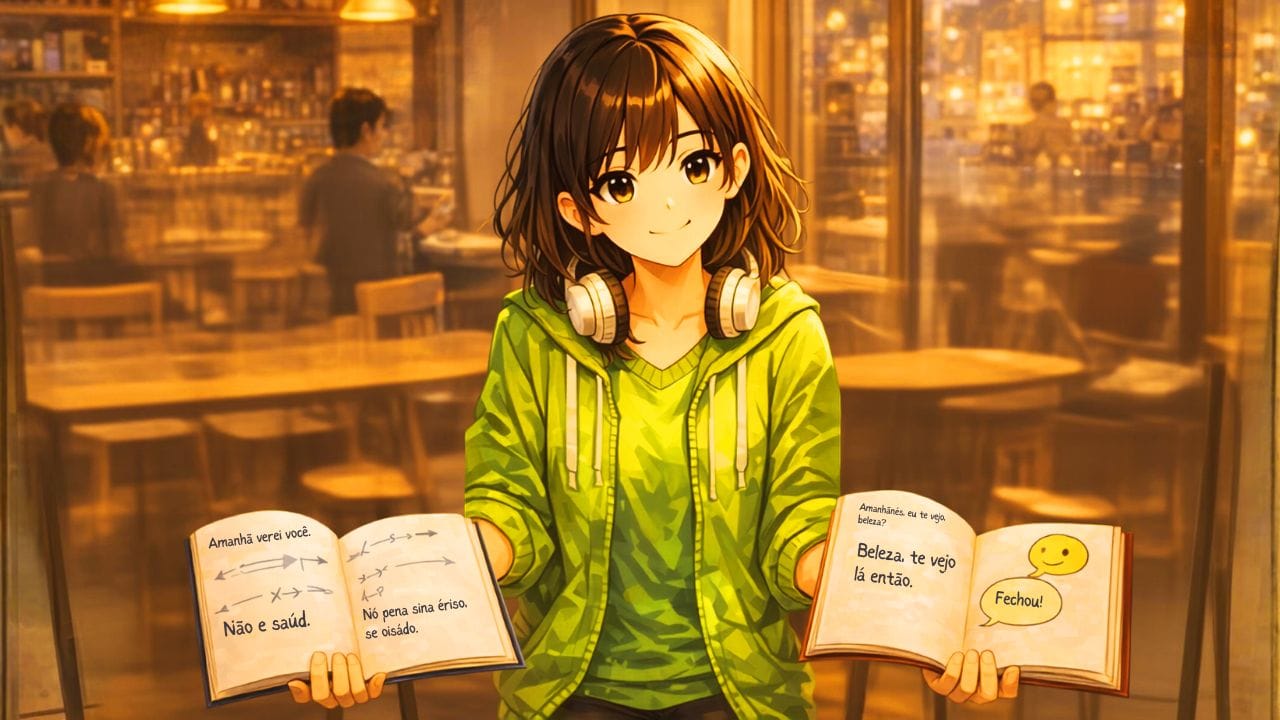 Imagem em anime mostra uma menina apresentando dois cadernos, um em cada mão. Um deles ensina a norma culta da lingua portuguesa, o outro, a liguagem do cotidiano.