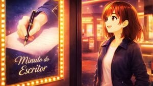 Imagem, estilo anime, de uma menina olhando um cartaz tem uma mão segurando umaa caneta e escrevevndo em um caderno. Gramática para Escritores Iniciantes