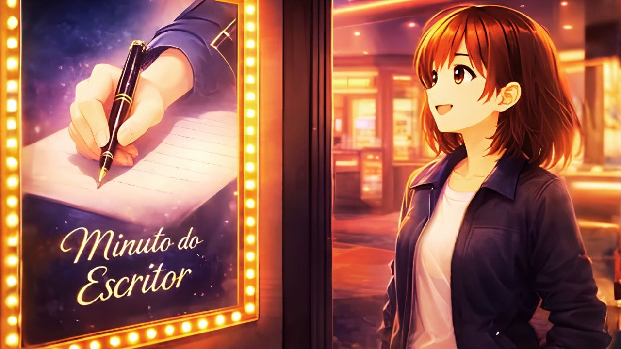 Imagem, estilo anime, de uma menina olhando um cartaz tem uma mão segurando umaa caneta e escrevevndo em um caderno. Gramática para Escritores Iniciantes