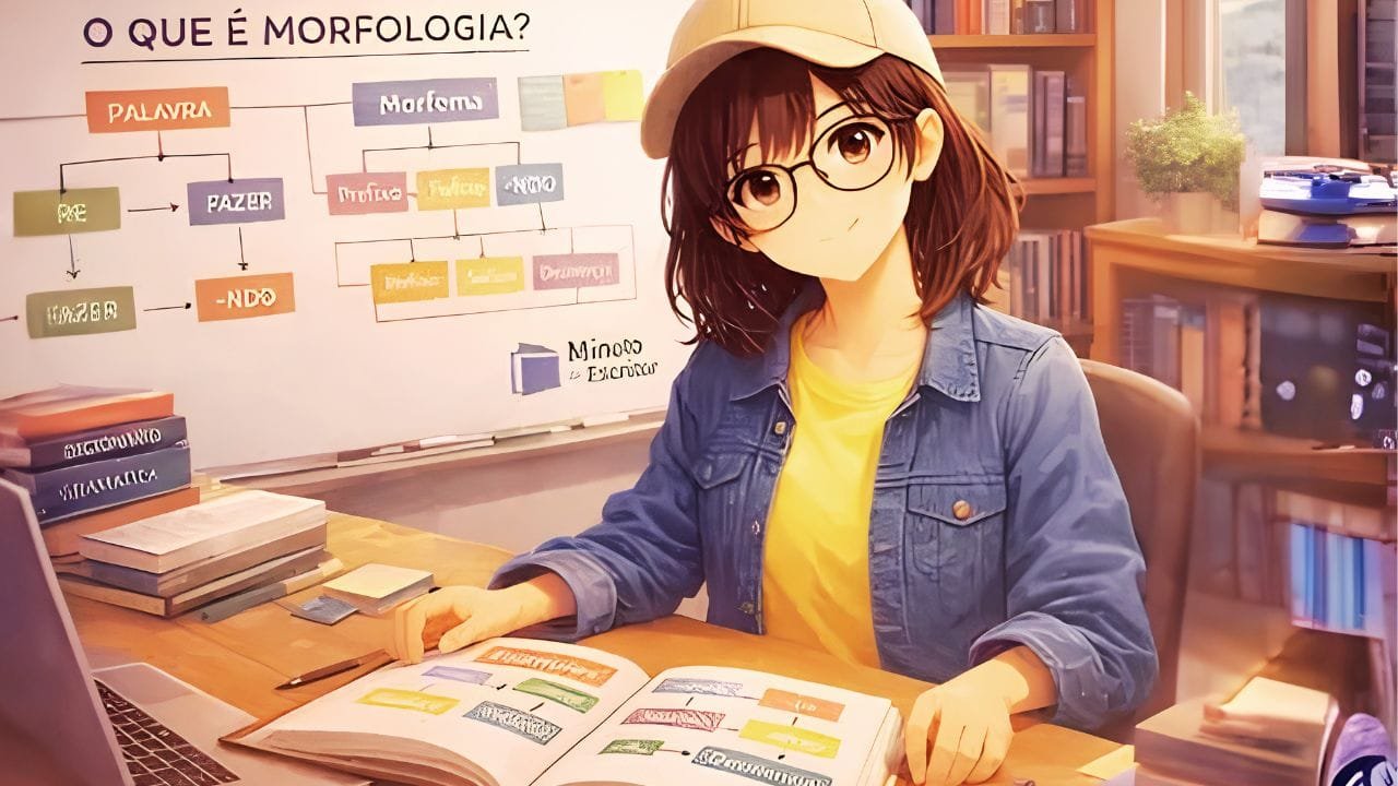 menina usando um boné e óculos, sentada diante de um livro, e atrás dela um quadro negro com a frase o que é morfologia.