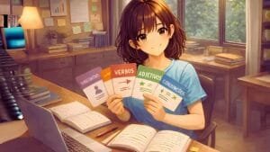 A imagem mostra uma menina em estilo anime sentada, olhando para a câmera e apresentando alguns cartões sobre classes gramaticais