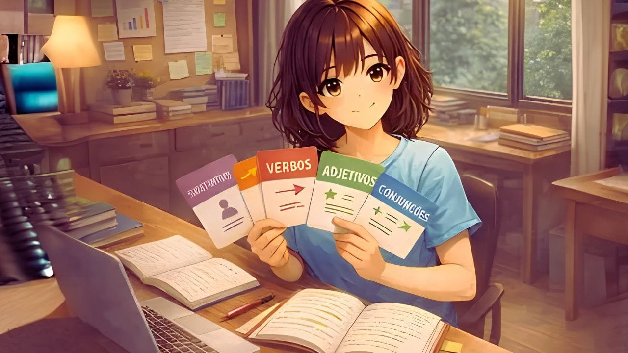 A imagem mostra uma menina em estilo anime sentada, olhando para a câmera e apresentando alguns cartões sobre classes gramaticais