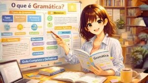 A imagem mostra uma menina sentada diante de uma mesa com um livro de gramática sobre ele e outro em sua mão, ela aponta com um lápis para um quadro.