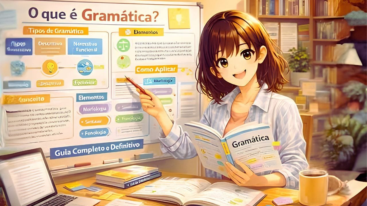A imagem mostra uma menina sentada diante de uma mesa com um livro de gramática sobre ele e outro em sua mão, ela aponta com um lápis para um quadro.