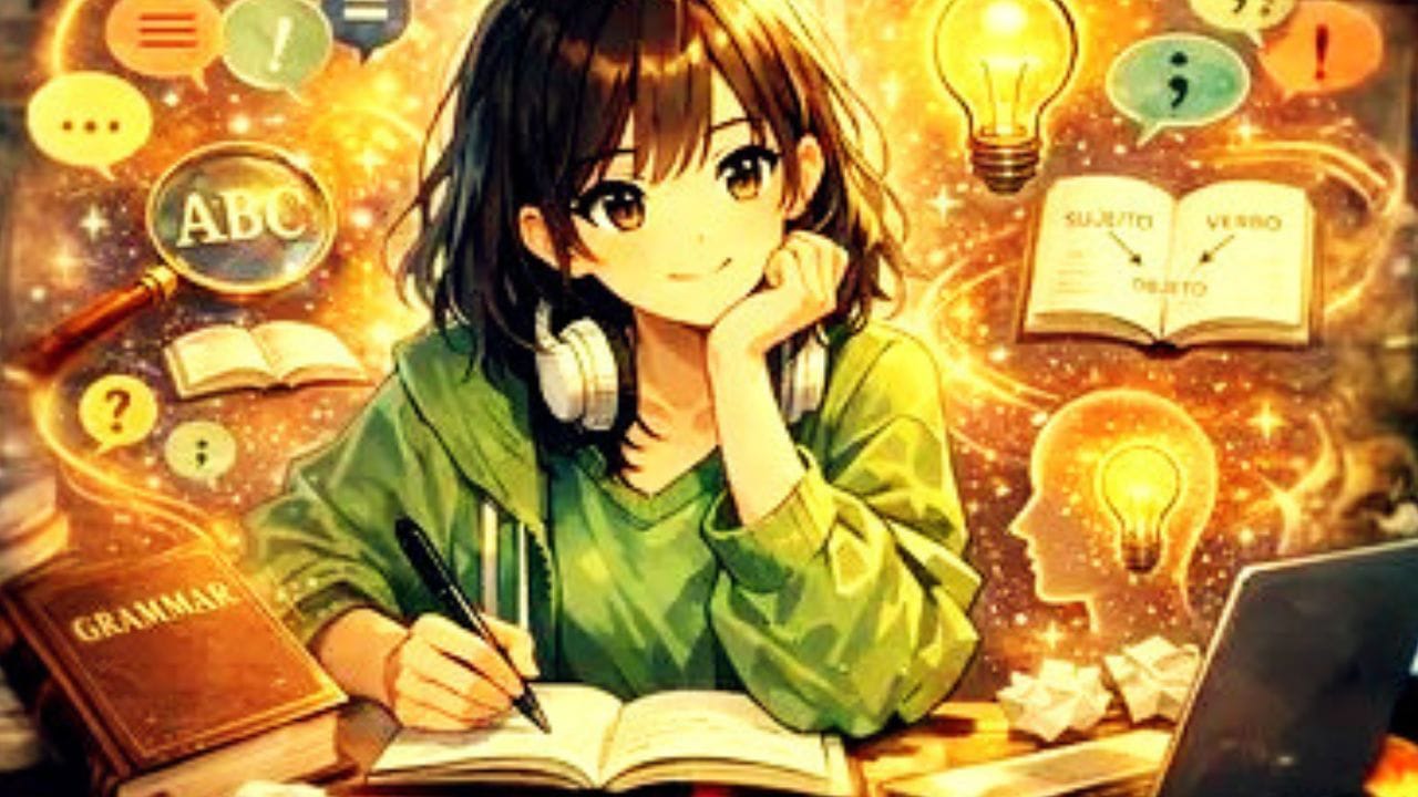 A imagem, em estilo anime, mostra uma menina escrevendo em seu caderno e olhando para seu notebook, aprendendo sobre gramática.