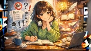 Imagem em anime mostra um menina em seu quarto escrevendo em seu caderno, em volta mostra livros voando e ela pensativa sobre como aplicar a gramática em seu texto.