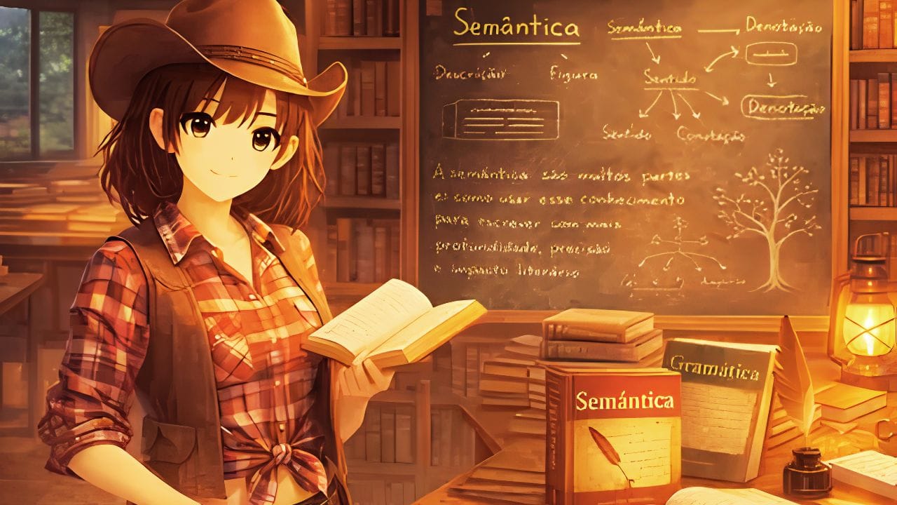 Imagem em estilo anime mostra uma menina, vestida em moda cow girl ensinando semântica