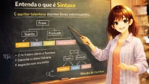 Imagem em anime mostra uma menina ensiando sintaxe diante de um quadro negro