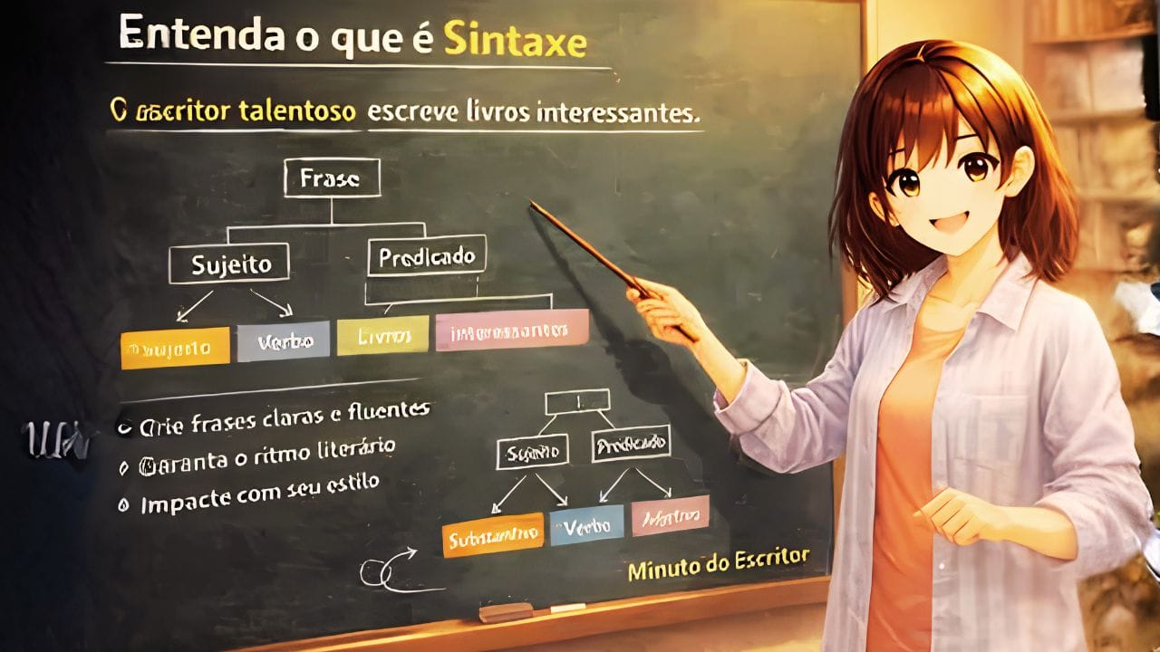 Imagem em anime mostra uma menina ensiando sintaxe diante de um quadro negro