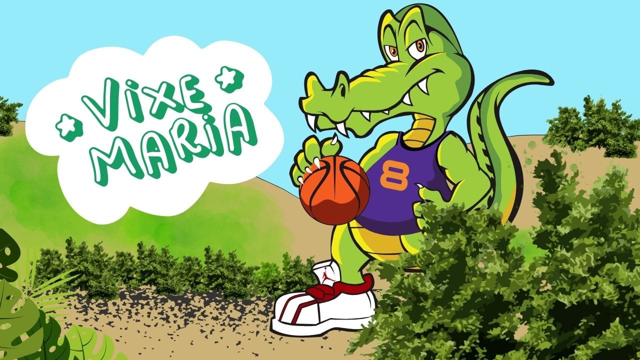 A imagem mostra um jacaré vestido de uniforme de jogador de basquete com uma bola na mão saindo de trás de uma moita, e um balão de fala com o dizer: "Vixe Maria".