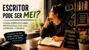 Mulher sentada em seu escritório com uma caneta pousada sobre um caderno, olhando pela janela, meditando sobre a carreira de escritor