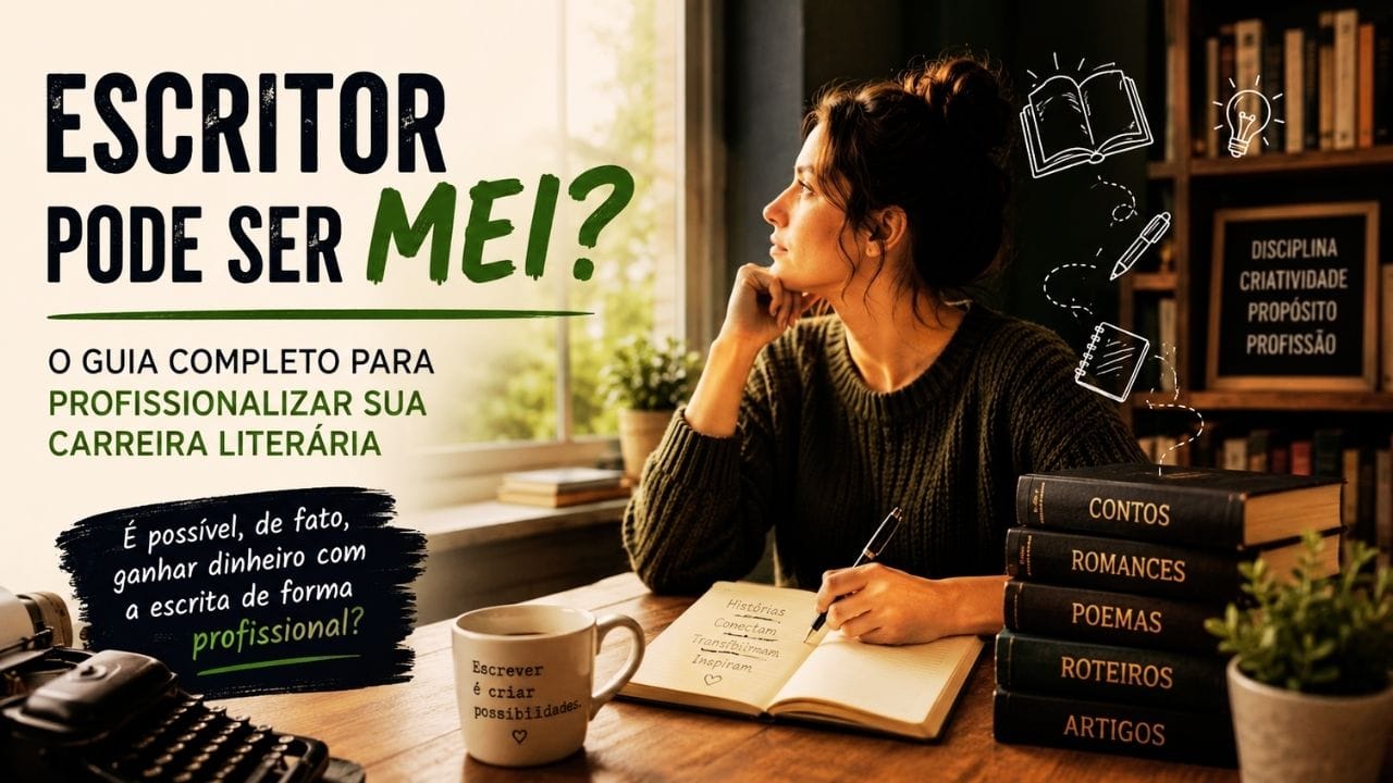 Mulher sentada em seu escritório com uma caneta pousada sobre um caderno, olhando pela janela, meditando sobre a carreira de escritor