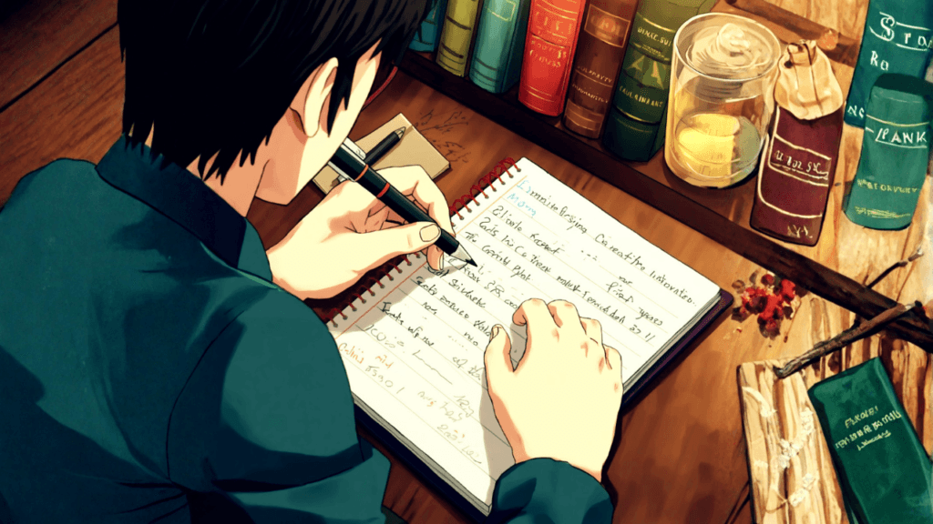 A imagem, em anime, mostra um homem com seu caderno diante de si, escrevendo com um lápis preto. Em sua escrivaninha.