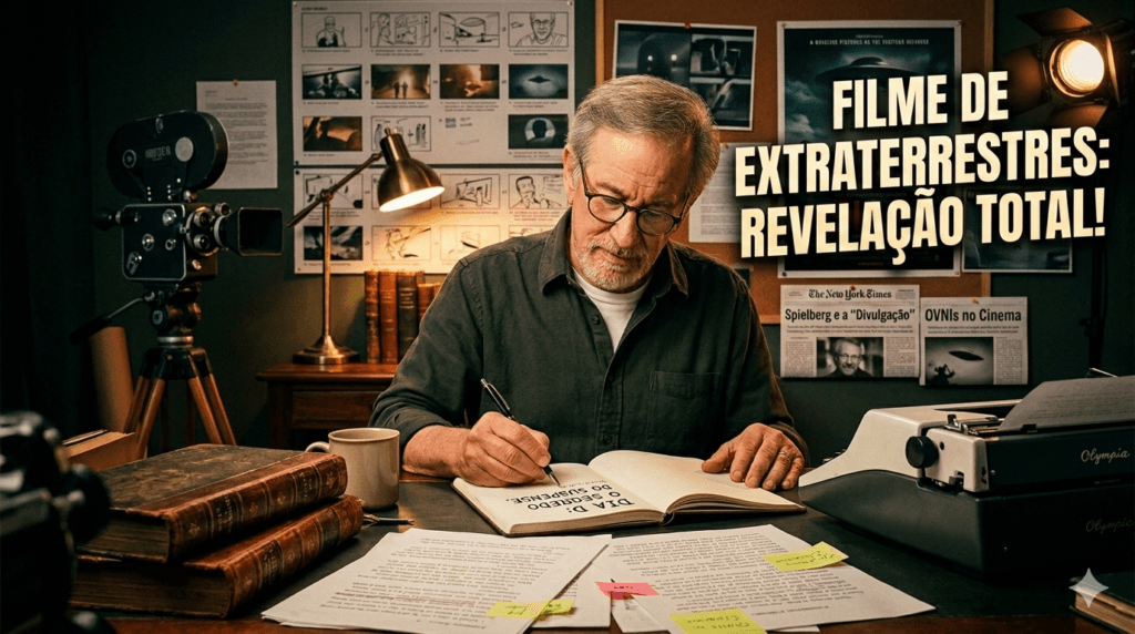 Imagem de Steven Spielberg escrevendo o Dia-D