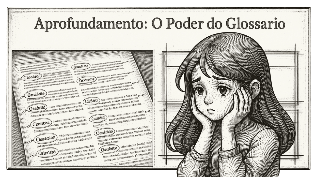 A imagem mostra uma estrutra de pós-texto, o glossário e uma figura de uma menina com expressão admirada.