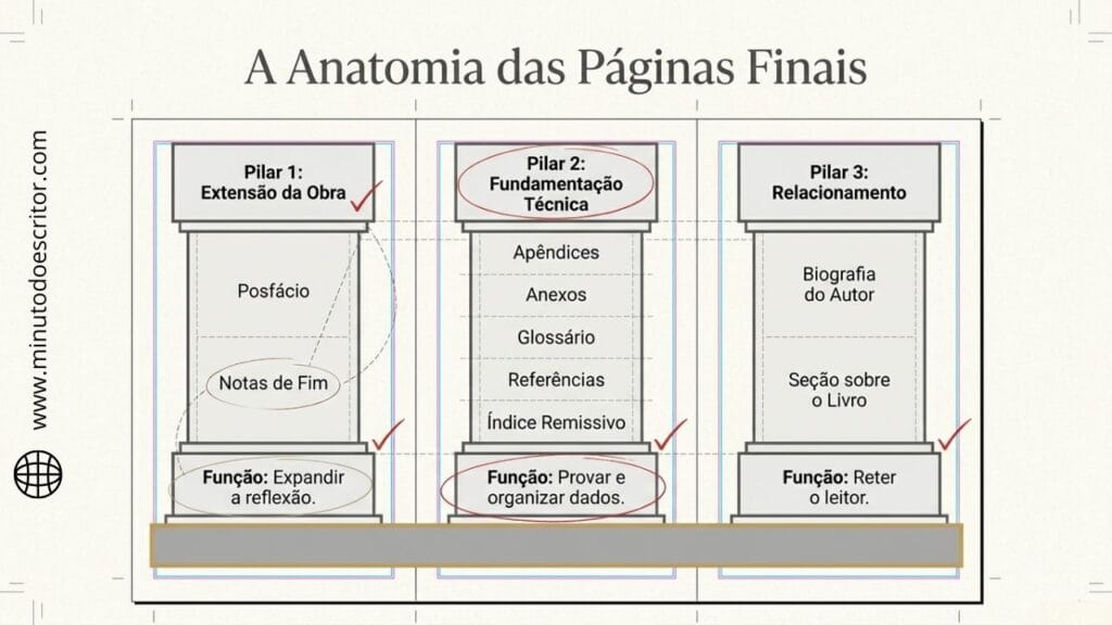 A imagem mostra a estrutura das páginas pós-textuais de um livro