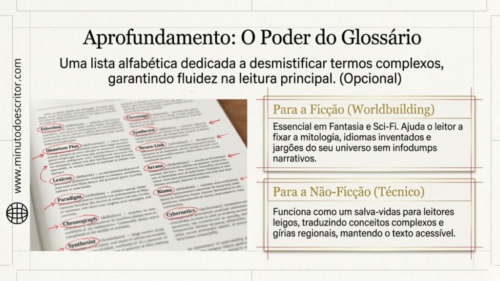 A imagem mostra a estrura do pós-texto com a opção do glossário