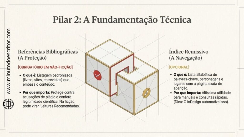 A imagem mostra a estrutura do pós-texto com a opção de referências bibliográficas