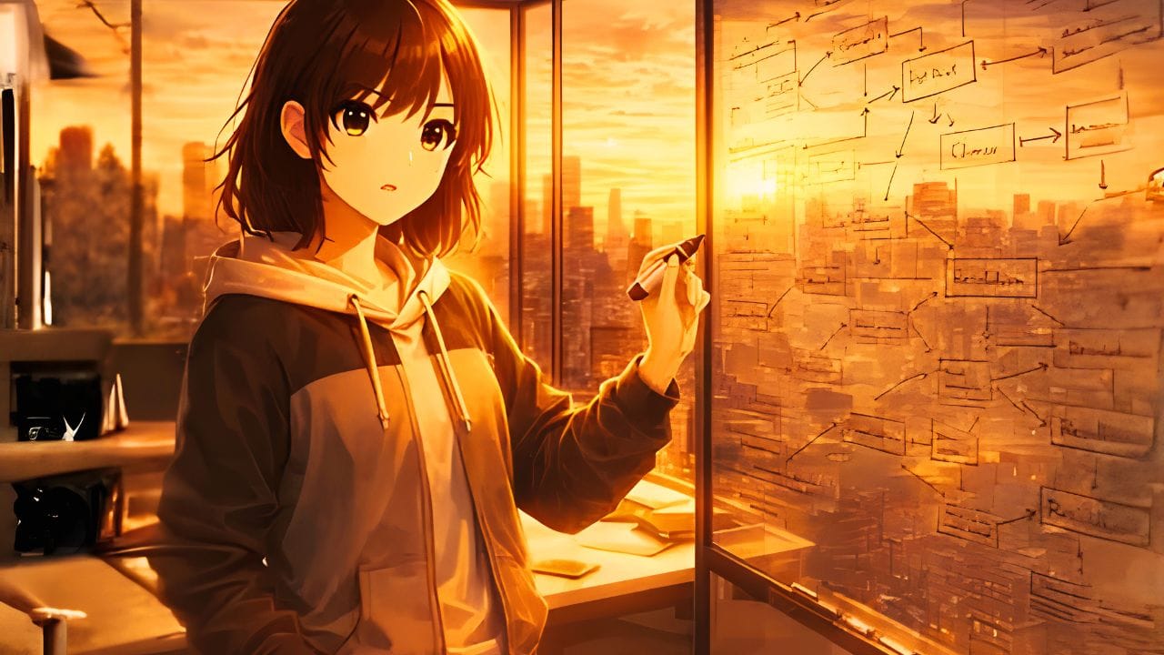 Imagem em anime mostraum menina diante de uma janela de vidro, ela está com uma caneta na mão, escrevendo no vidro.
