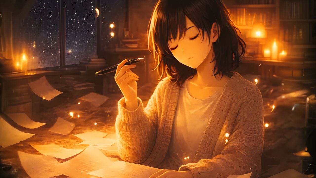 Imagem em anime de uma menina sentada diante de uma mesa, seu caderno está aberto diante de si ela está meditando sobre como usar a vírgua em seu texto.