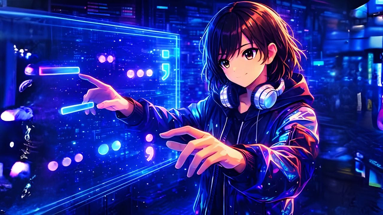 Imagem em anime, em tons de azul, mostra em estilo ciber punk uma menina em uma livrria futurista. Sinais de Pontuação
