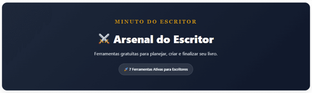 A imagem em tom de azul com o t´titulo em branco, onde está escrito Arsenal do Escritor, ao lado duas espadas se cruzam em duelo.