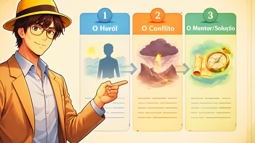 Infográfico em estilo anime retrô explicando a estrutura narrativa do marketing de conteúdo. À esquerda, um jovem redator de óculos e chapéu fedora aponta para um painel explicativo. O painel exibe três blocos sequenciais ilustrados com ícones: o herói cliente, o conflito e a solução representada por uma bússola.