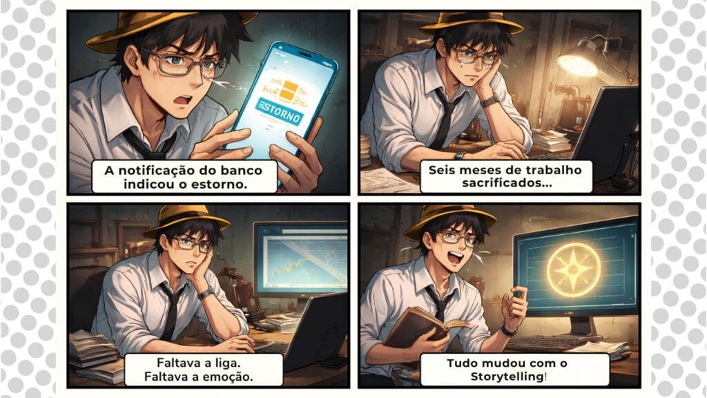 História em quadrinhos em estilo anime retrô com quatro quadros sequenciais ilustrando a jornada de um produtor de conteúdo. O personagem descobre um estorno no celular, lembra do seu trabalho duro, reflete sobre a falta de emoção no texto e, finalmente, encontra a solução através do storytelling.