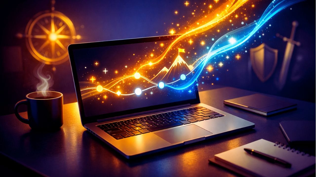 Ilustração 3D moderna de uma mesa de trabalho minimalista com um laptop aberto. Da tela do notebook emana um brilho magnético com ondas de luz douradas e azuis flutuando no ar, simbolizando o poder do storytelling no marketing de conteúdo. Ao lado, há uma xícara de café sobre a mesa em um fundo escuro e profissional.