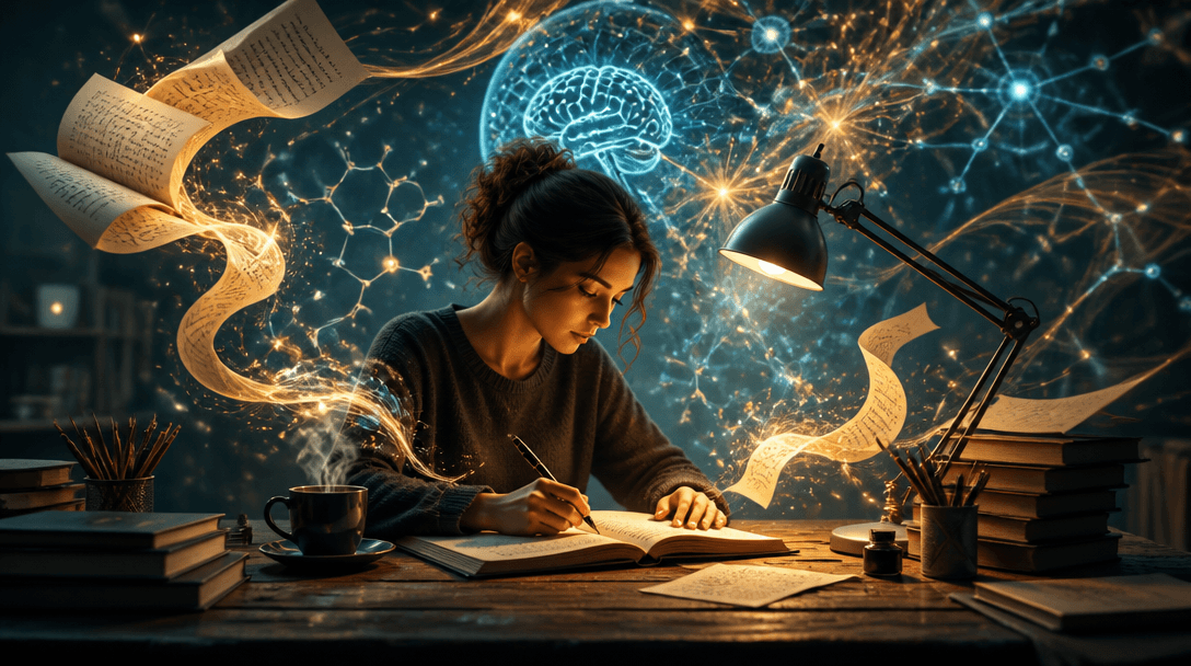 Imagem conceitual e artística de um escritor focado em sua mesa de madeira, escrevendo com caneta-tinteiro em um caderno. Elementos como páginas flutuantes com luz dourada, uma xícara de café fumegante e uma luminária de mesa criam um ambiente acolhedor. Ao fundo, conexões neurais translúcidas e brilhantes em tons de azul e dourado simbolizam a psicologia da criatividade e o estado de fluxo cerebral.