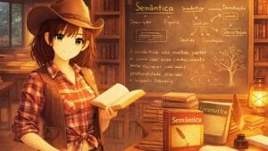 Imagem em estilo anime mostra uma menina, vestida em moda cow girl ensinando semântica