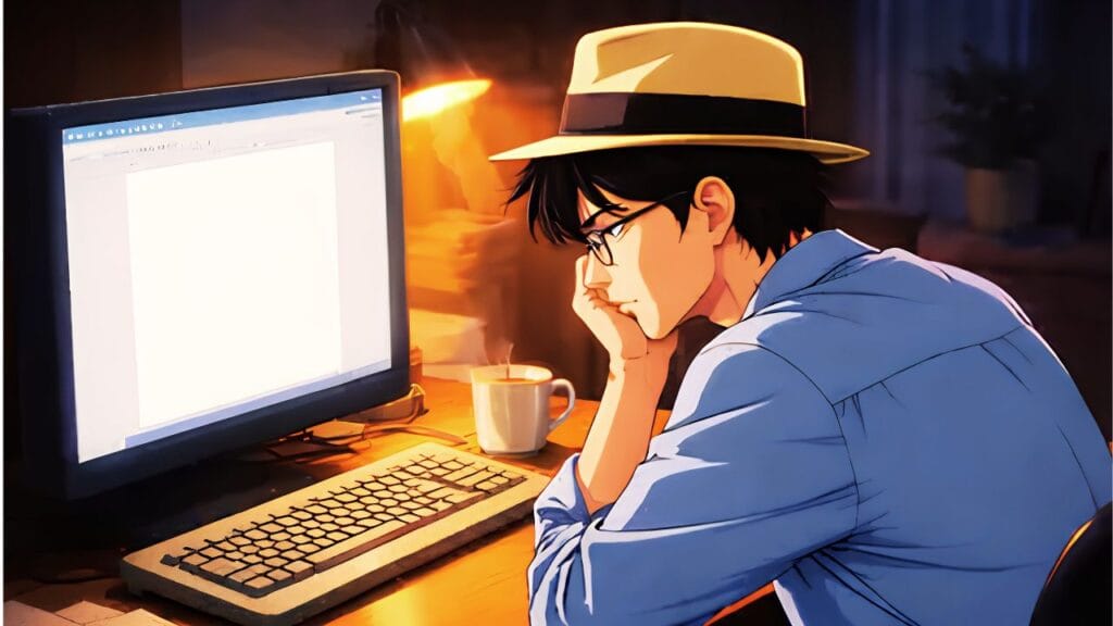 Ilustração em estilo anime retrô de um jovem redator usando óculos e chapéu fedora, sentado em sua mesa de trabalho à noite. Ele encara com frustração a tela de um computador que exibe uma página em branco com um cursor piscando, representando o bloqueio criativo no marketing de conteúdo. Uma xícara de café quente está sobre a mesa.