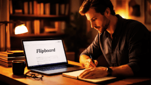 Escritor trabalhando em uma mesa de madeira iluminada por uma luminária de tom quente, escrevendo em um caderno ao lado de um notebook aberto que exibe a palavra Flipboard na tela, com estantes de livros ao fundo.