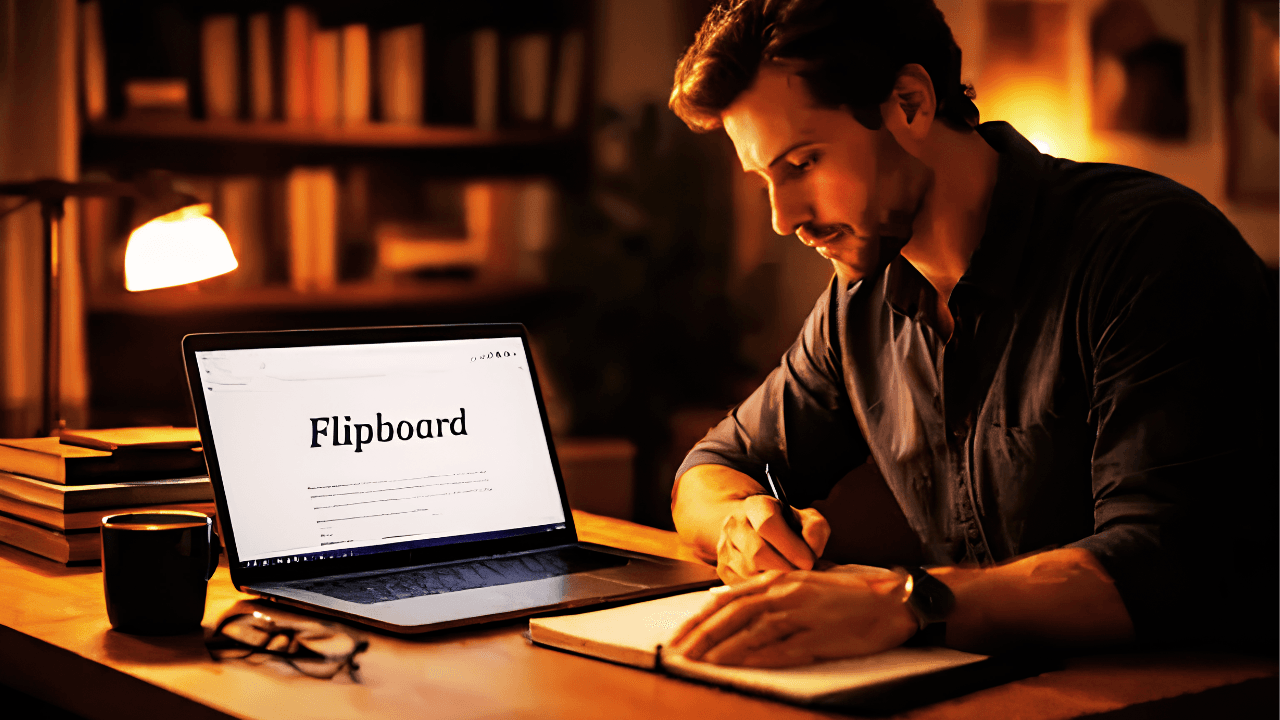 Escritor trabalhando em uma mesa de madeira iluminada por uma luminária de tom quente, escrevendo em um caderno ao lado de um notebook aberto que exibe a palavra Flipboard na tela, com estantes de livros ao fundo.